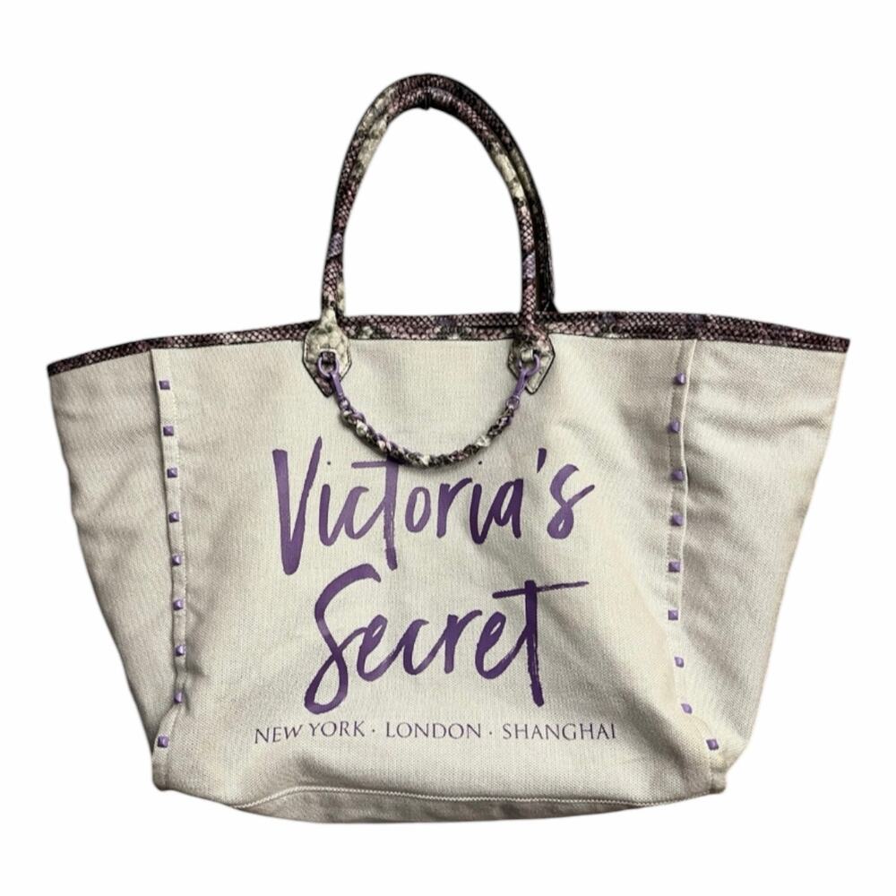 Victoria’s Secret Large Purple Snakeskin Studded Canvas Tote Bag VS - Picture 4 of 15